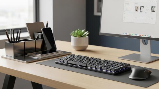 A desk with a keyboard, mouse and computer monitor photo