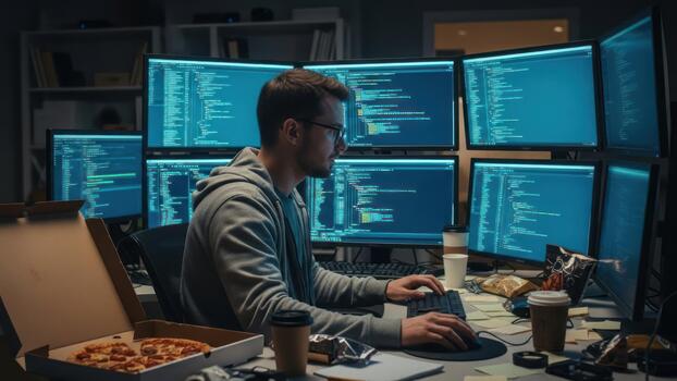 A man working on his computer with multiple monitors photo