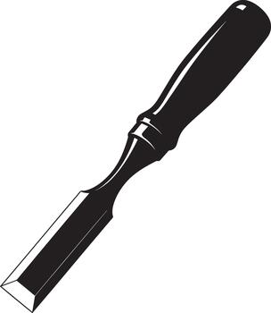 Minimalist line drawing depicts a chisel with a black handle and sharp blade isolated vector