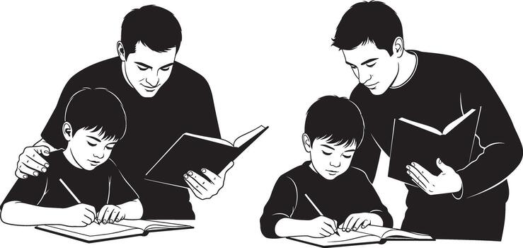 Dad is reading a book while his son is doing homework near him vector