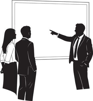 hombre puntos a tablero antes de colegas en silueta en contra un blanco antecedentes vector