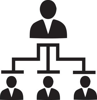 Hierarchy chart illustrates a leader connecting to three subordinate figures in a simplified black diagram vector