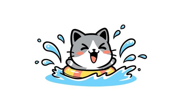 Joyful grey and white cartoon cat splashing in the water with a yellow inflatable floatie. vector