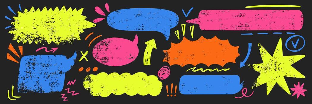 Set of text boxes, speech bubbles, arrow and curve line with crayon or chalk texture. Grunge illustration on blackboard. vector