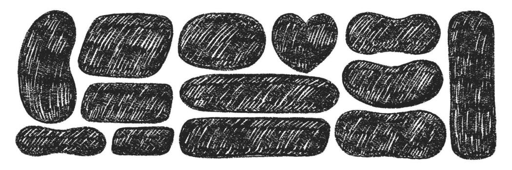 Set of abstract blob shapes of heart, oval and text box with rough texture. Hand drawn figure with crayon and chalk texture. Linocut illustration. vector