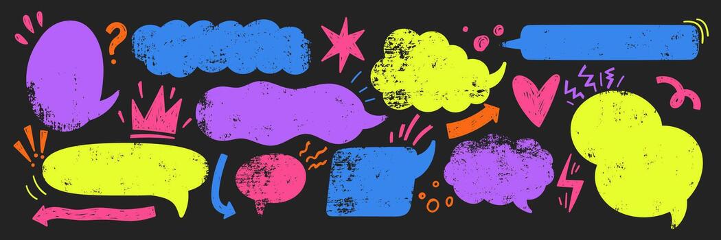 Set of text boxes, speech bubbles, arrow and cloud with crayon or chalk texture. Grunge illustration on the blackboard. vector