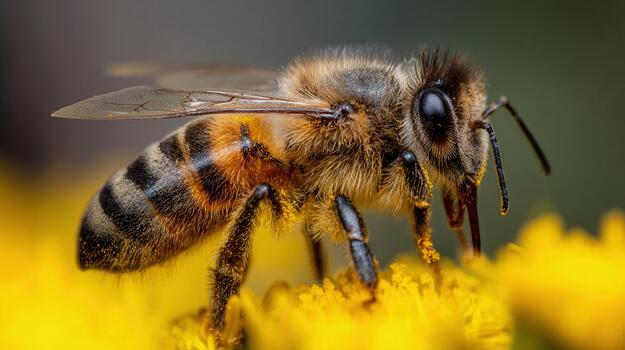 Close-up view of a bee collecting pollen from vibrant yellow flowers in nature photo
