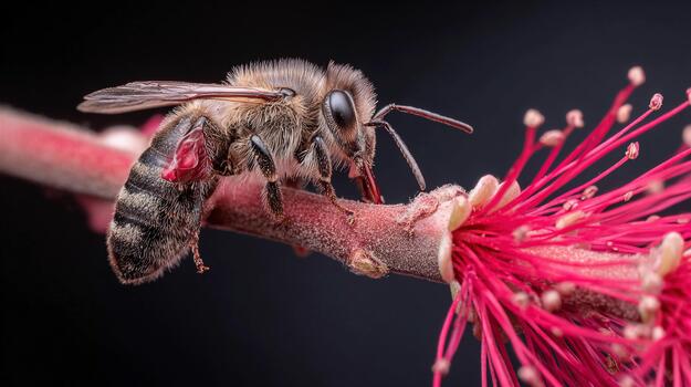 Vivid macro shot of a bee collecting pollen from a vibrant flower photo