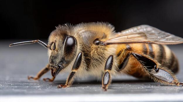 Close-up view of a bee showcasing intricate details under natural sunlight photo