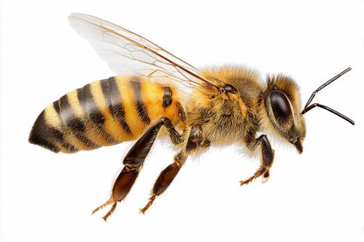 In flight bee captured against a clean studio background photo