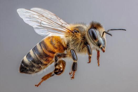 Bee in mid-flight captured with slow-motion effect showing intricate details photo