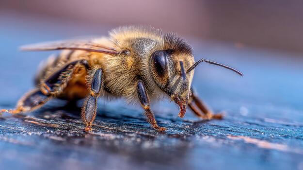 Close-up view of a bee collecting nectar in natural sunlight photo