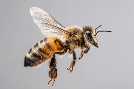 Slow-motion capture of honey bee in mid-flight against grey background photo