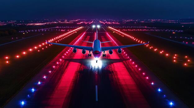 View of airplane landing on illuminated runway at night with colorful lights photo