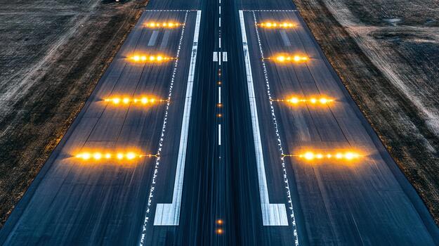 Eye view of airplane landing on illuminated runway at dusk photo
