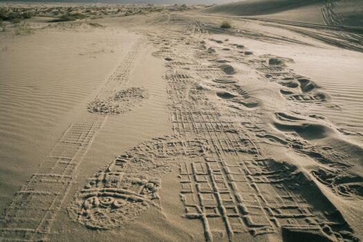 Patterns formed by sand and footprints on a vast desert dune at sunset photo