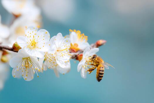 Bee collecting nectar from white blossoms on a minimal pastel backdrop photo