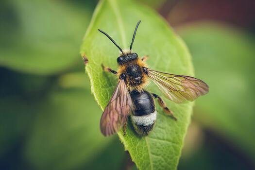 Brightly colored bee resting on a green leaf in natural setting photo