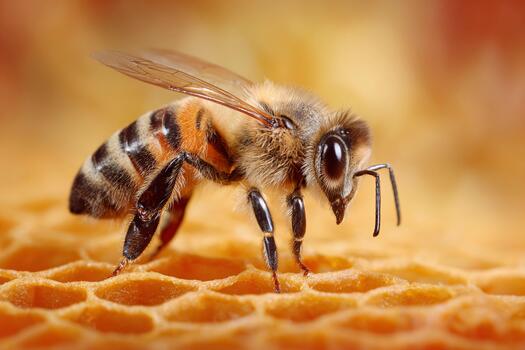 Close-up view of a bee walking on honeycomb during warm daylight photo