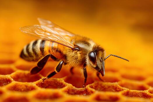 Honeybee walking on honeycomb during warm daylight, top-down macro view photo