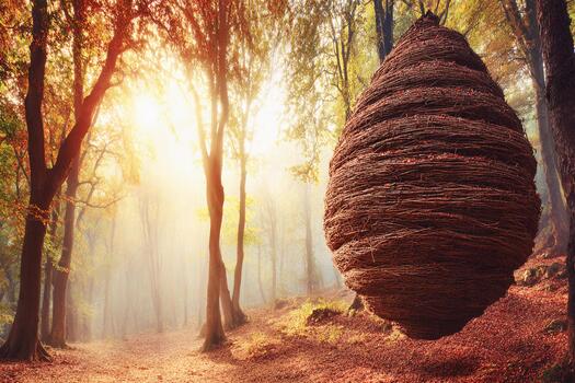 Warm autumn light shines on a surreal nest in a tranquil forest setting photo