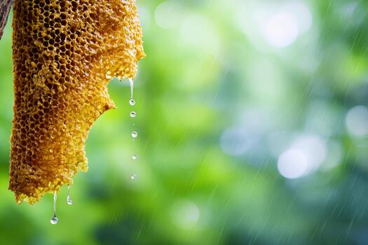 Honeycomb glistening with raindrops during light rain in a lush green setting photo