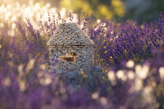 lavanda campo floraciones rodear encantador Roca estructura en suave ligero foto