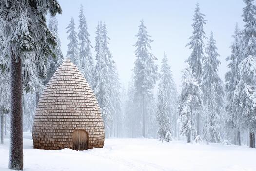 Nevado invierno escena presentando un único de madera estructura en un calma bosque ajuste foto