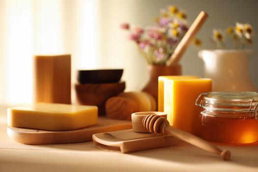 Warm natural setup with honey and wooden elements in soft lighting photo