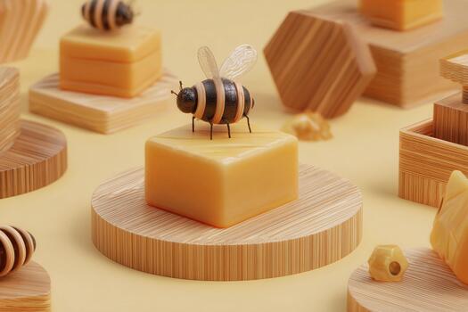 Warm natural setup with wood elements and soft shadows featuring a bee and cheese photo