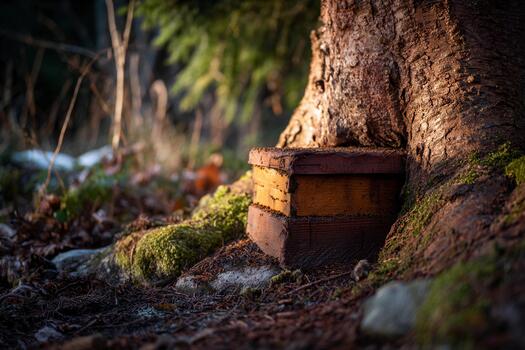 de madera caja descansa debajo árbol en un suave ensombrecido natural ajuste foto