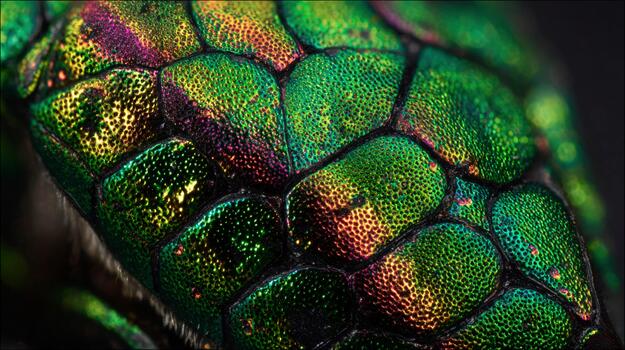 Macro view of a vibrant carapace showcasing intricate details and color patterns photo