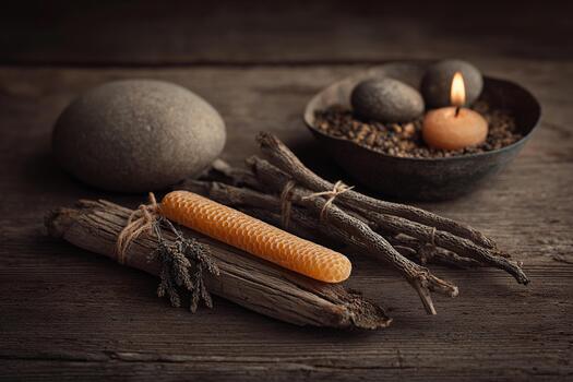 Warm natural setup with wood elements, candles, and stones for a calming atmosphere photo
