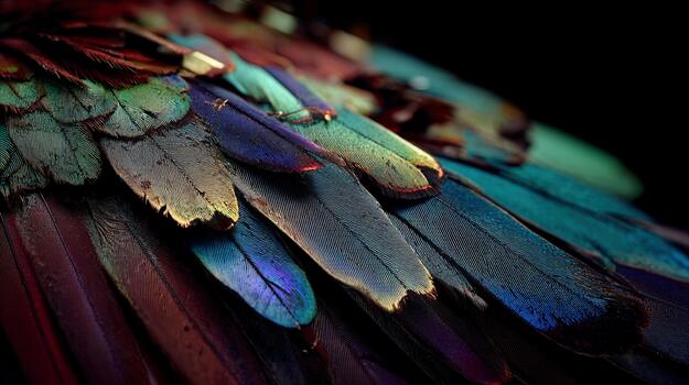 Macro view of vibrant plumage showcasing brilliant colors and intricate patterns photo