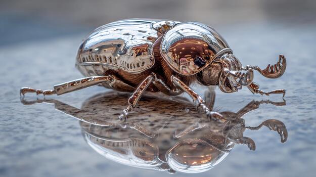 Close-up view of shiny metallic exoskeleton insect model on a smooth surface photo