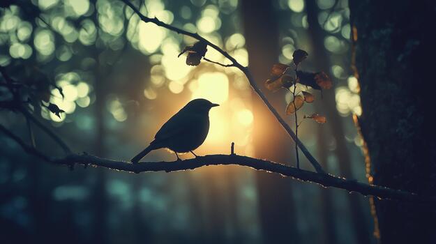 Bird perched on branch in soft sunlight amidst minimal landscape photo