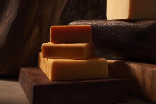 Crafted cheese blocks arranged on natural wood with soft shadows photo