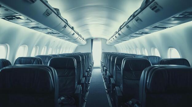 Empty airplane cabin with wide perspective before takeoff at the airport photo