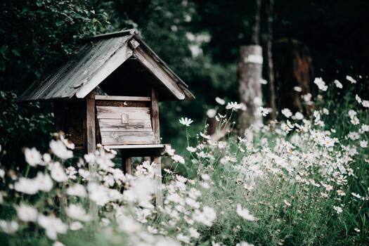 natural ajuste con un de madera estructura rodeado por blanco flores a oscuridad foto