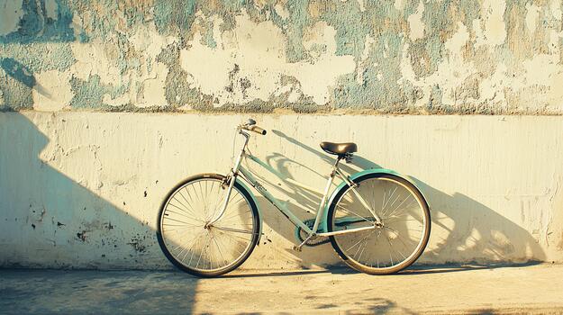Bicycle leaning against a wall in soft light during a calm outdoor setting photo