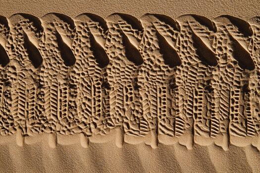 Patterns created by tire tracks on a sand dune at sunset photo