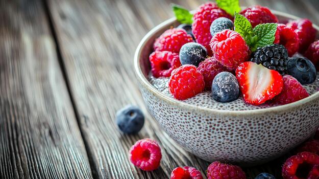 Chia pudding topped with fresh berries on rustic wooden table photo