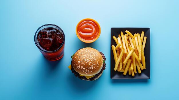 Enjoying a fast food meal with fries and soda on a bright background photo