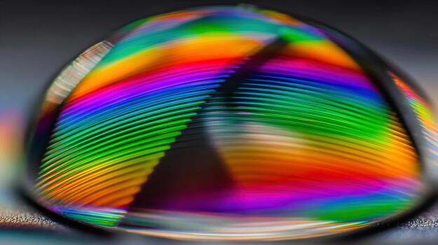Macro shot of colorful light diffraction through a droplet on a textured surface photo