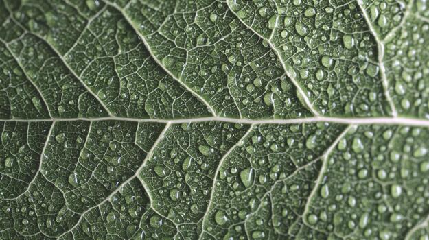 Close up view of a leaf's veins adorned with dew droplets in morning light photo