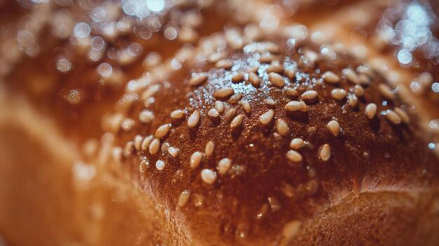 Close-up view of a golden brown sesame seed topped bread roll photo