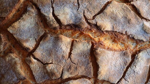 Detailed close-up of a rustic bread crust highlighting texture and natural patterns photo