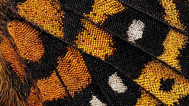 Close-up view of butterfly wing texture revealing intricate patterns and colors photo