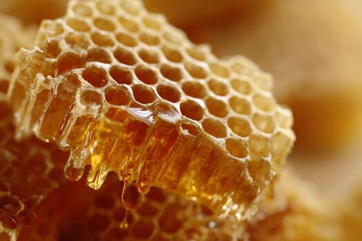 Honeycomb with golden honey leaking in a close-up view photo