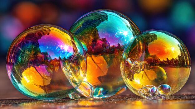Colorful light diffraction through three soap bubbles in sunlight photo